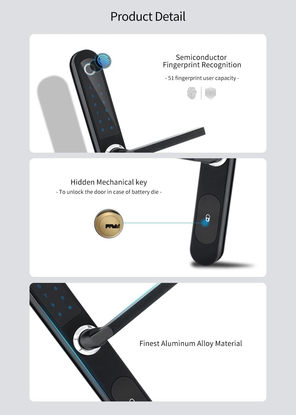 Waterproof Fingerprint Lock Outdoor Gate Lock App Code Keyless Smart Lock Digital Electronic Door Lock for Glass Door (Color : Black Right Pull, Size : 4585)