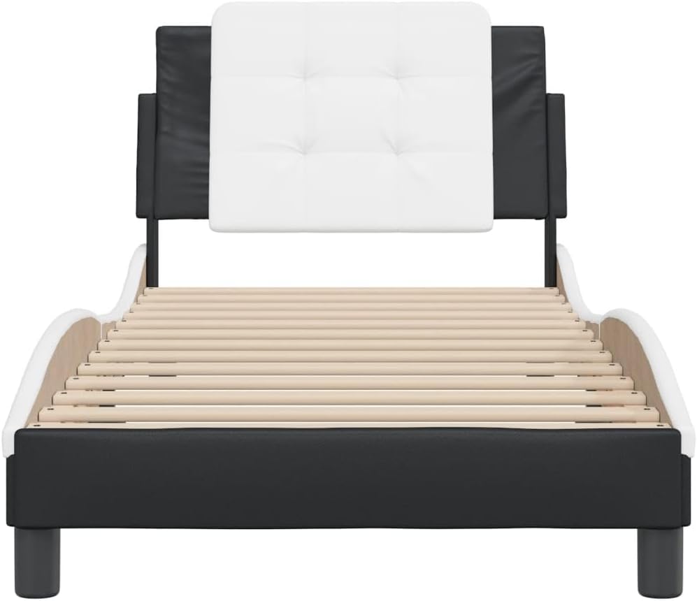Black and White Bed Frame with Wavy Side Design, Single Size 39.4 x 74.8 Inches, Made of Solid Pine Wood and Faux Leather, Includes Soft Headboard Cushion, Stain-Resistant