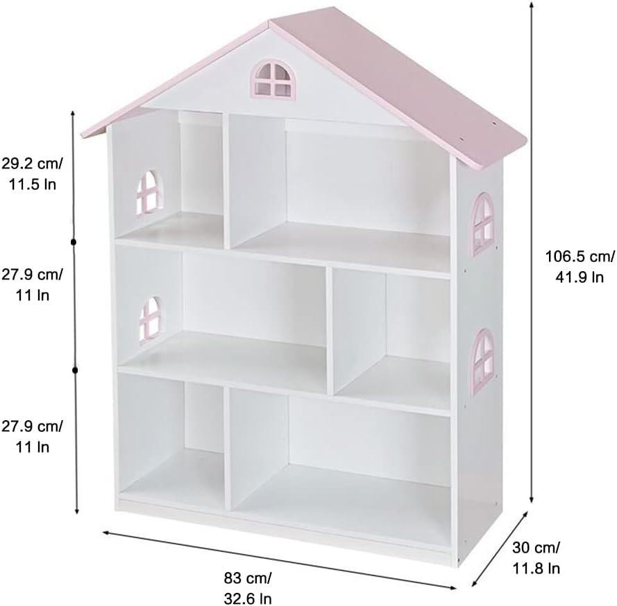 Wooden Dollhouse Bookshelf 3-Tier Doll House Bookcase Kids Books Toys Storage Organizer Shelves for Children's Bedroom Playroom Kindergarten Nursery Gift for Boys Girls Ages 3-8 Years Old