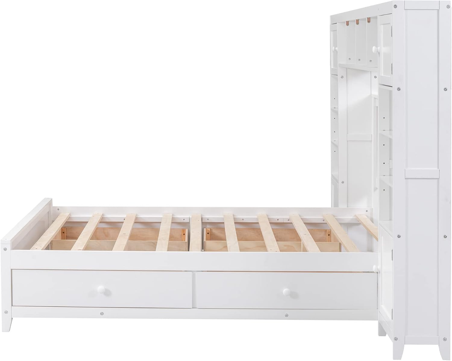 Harper & Bright Designs Full Size Platform Bed with Bookcase Headboard and 4 Storage Drawers, Solid Wood Bed Frame with Cabinet and Bookshelf, No Box Spring Needed - White