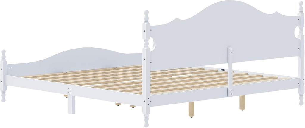 JIVOIT Retro Style Platform Bed with Headboard and Footboard, King Size Wood Platform Bed Frame with Wooden Slat Support, Solid Wood Foundation, No Box Spring Required (White,King,5)