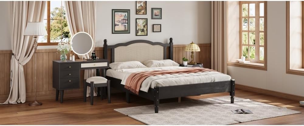 3 Pieces Bedroom Set with Full Size Wooden Bed Frame, 1 Vintage Nightstand and 1 Makeup Vanity Set with Stool,Black (Black + Wood + Queen + 3 Piece Set)