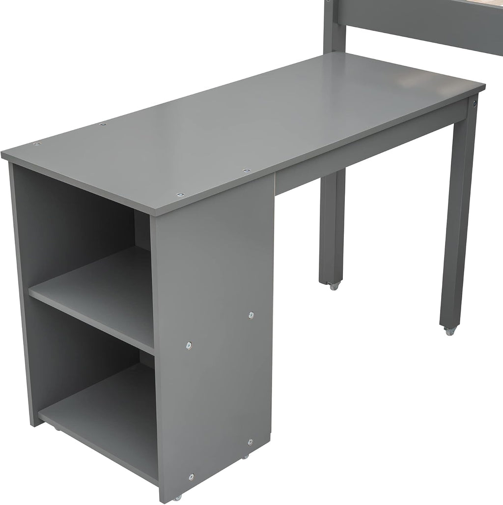 JIVOIT Twin Size Low Loft Bed with Rolling Portable Desk, Wooden Loft Bed with Cabinet/Bookshelf/Drawers/Open Shelves for Kids Teens Adults, No Box Spring Required (Gray-Twin-Rolling Portable Desk)