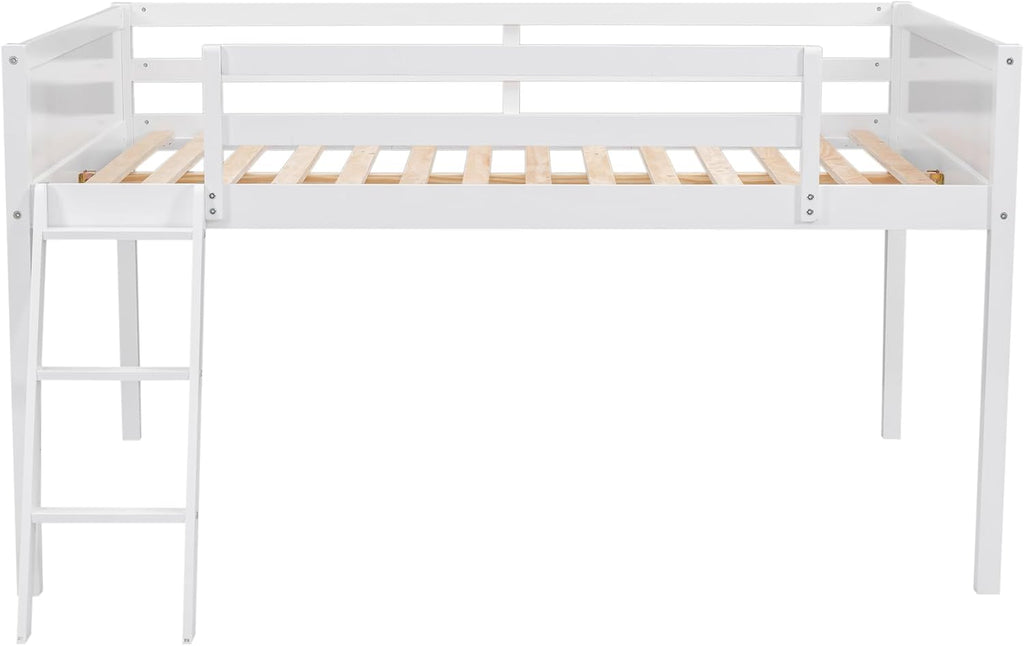 Full Size Loft Bed, Wood Loft Bed with Convertible Ladder, Ladder can be Placed on the Left or Right, Low Loft Bed with Full-Length Guardrails, No Box Spring Required (White,Full & Convertible Ladder)