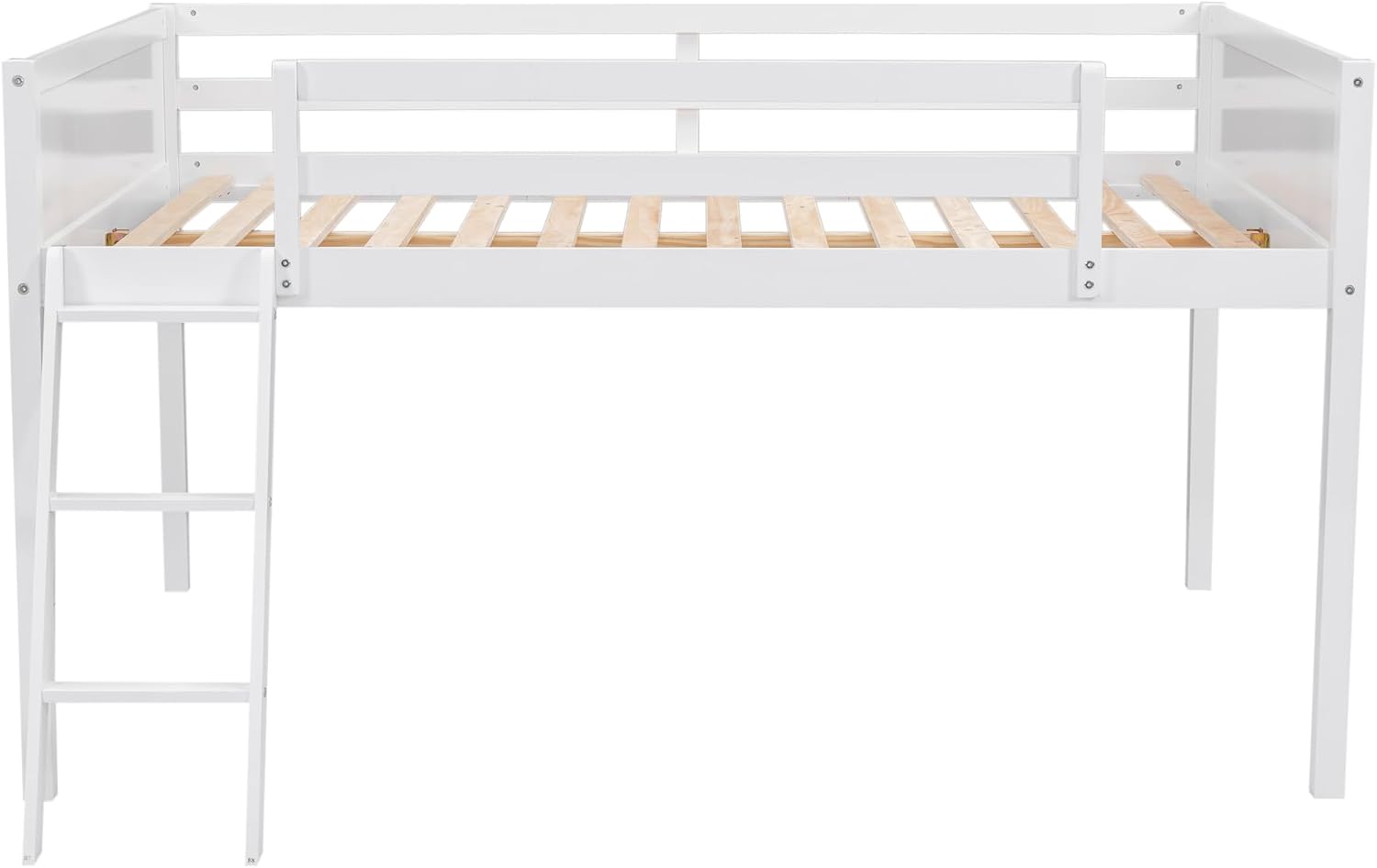 Full Size Loft Bed, Wood Loft Bed with Convertible Ladder, Ladder can be Placed on the Left or Right, Low Loft Bed with Full-Length Guardrails, No Box Spring Required (White,Full & Convertible Ladder)