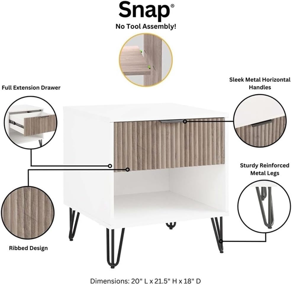 Pemberly Row 2-Piece Bedroom Storage Set, 3-Drawer Dresser 35.19' L & Nightstand 20.07' L, MDF Engineered Wood, Multi-Color Finish, Vertical Ribbed Texture, Black Metal Legs, Modern Glam Style