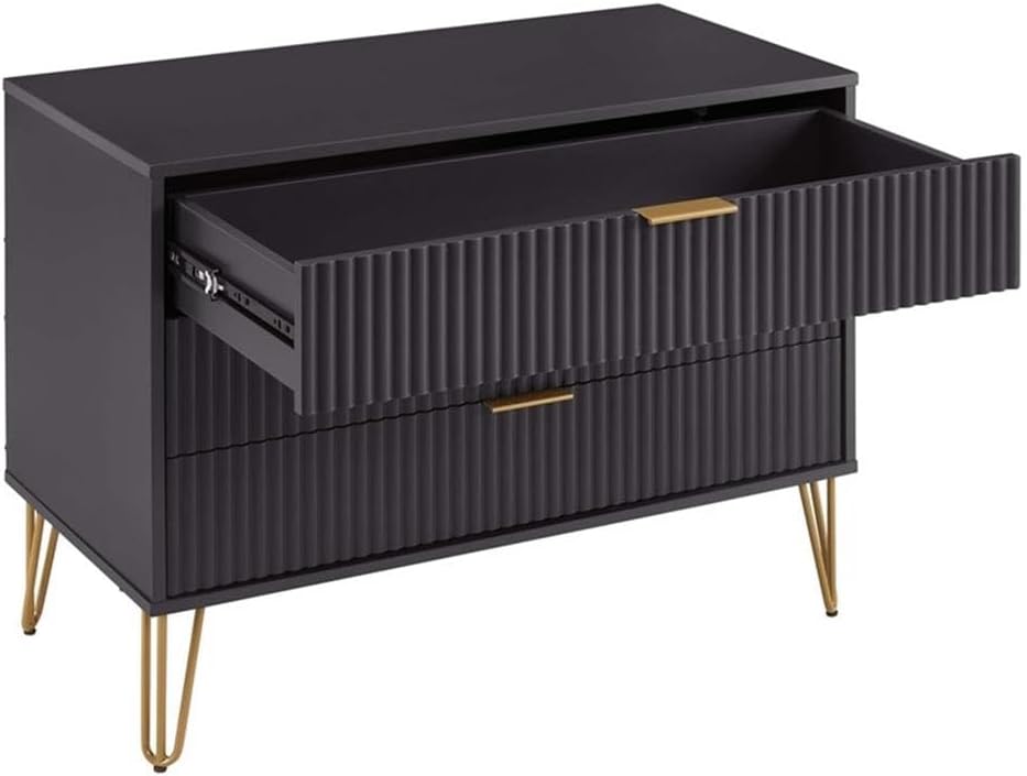 Pemberly Row 2-Piece Bedroom Set, Standard 3-Drawer Dresser and Nightstand, MDF Frame, Black Finish, Textured Ribbed Drawer Fronts, Gold Metal Handles, Splayed Legs, Perfect for Bedroom Storage
