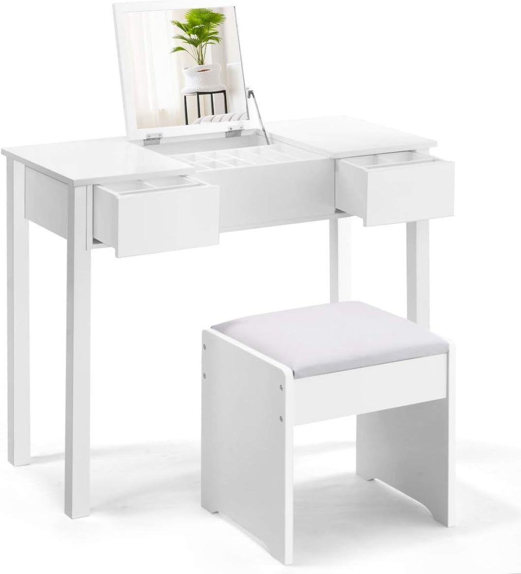 Giantex Vanity Set with Flip Top Mirror and Cushioned Stool, Makeup Dressing Table Writing Desk with 2 Drawers & 3 Removable Organizers, Makeup Table Set Easy Assembly, White