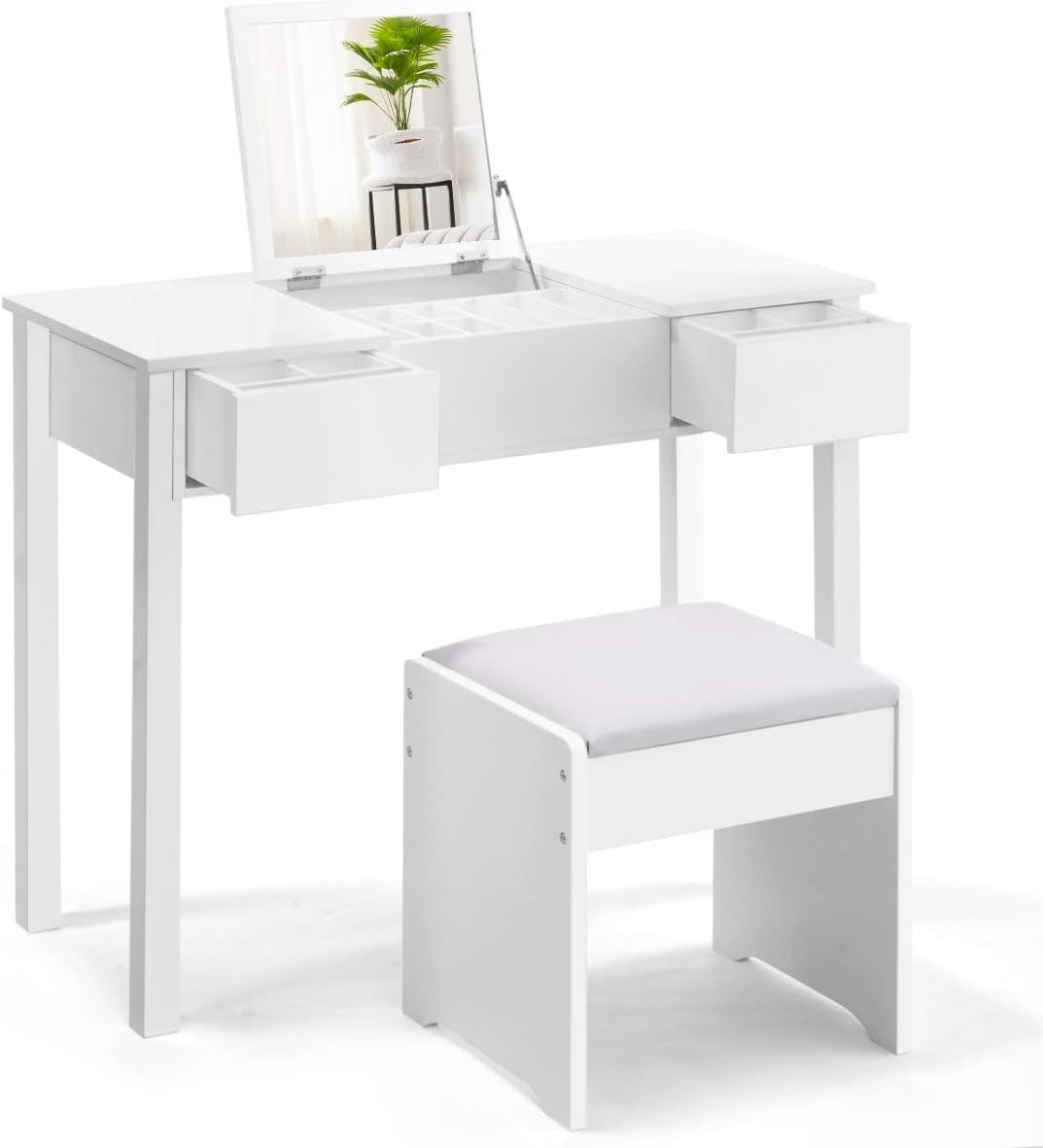 Giantex Vanity Set with Flip Top Mirror and Cushioned Stool, Makeup Dressing Table Writing Desk with 2 Drawers & 3 Removable Organizers, Makeup Table Set Easy Assembly, White