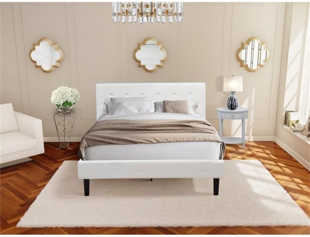 East West Furniture NL19Q-1HI14 2 Piece Queen Bedroom Set - Button Tufted Bed Frame - Linen white Velvet Fabric Upholstered Headboard and an Urban Gray Finish Nightstand