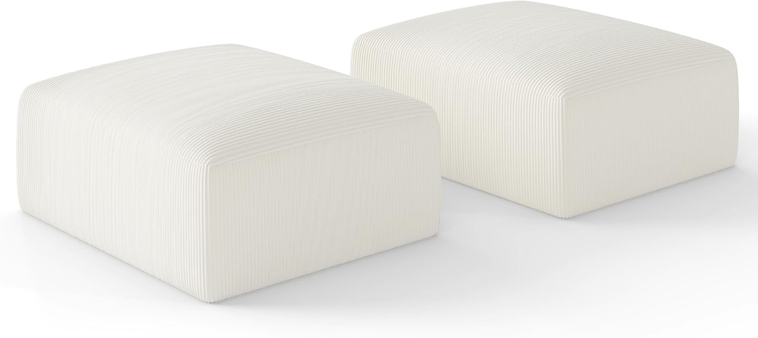 40' Oversized Large Square Corduroy Ottoman Pouf - Poofy Plush Foot Rest with Foam Chunk Filling, Movable Floor Pouf Footstool & Ottoman Coffee Table for Living Room Couch Bedroom, Beige (2 Pieces)