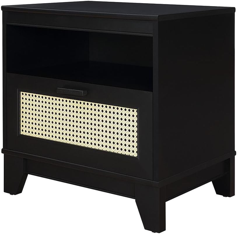 Manhattan Comfort Sheridan Cane Nightstand with Full-Extension Drawer and Open Shelf Cubby, Mid-Century Modern Bedside End Table, Boho Night Stand Accent Table for Bedroom or Living Room in Black