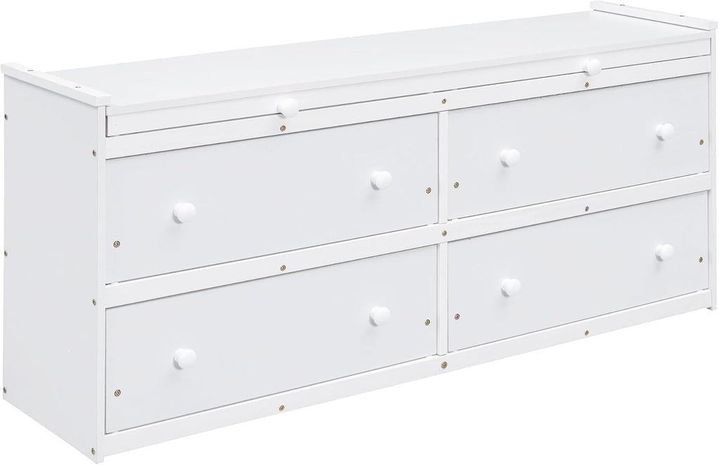 JIVOIT Twin Size Low Loft Bed with Retractable Writing Desk, Storage Bed with 4 Drawers and Shelves, Wooden Loft Bed with Lateral Portable Desk for Kids Teens Adults Bedroom (White,Twin,9)