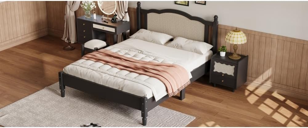 3 Pieces Bedroom Set with Full Size Wooden Bed Frame, 1 Vintage Nightstand and 1 Makeup Vanity Set with Stool,Black (Black + Wood + Queen + 3 Piece Set)