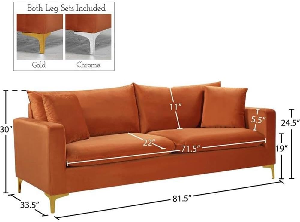 Meridian Furniture 633Cognac-S Naomi Collection Modern | Contemporary Velvet Upholstered Sofa with Deep Channel Tufting and Rich Gold Stainless Steel Legs, Cognac, 81.5' W x 33.5' D x 30' H