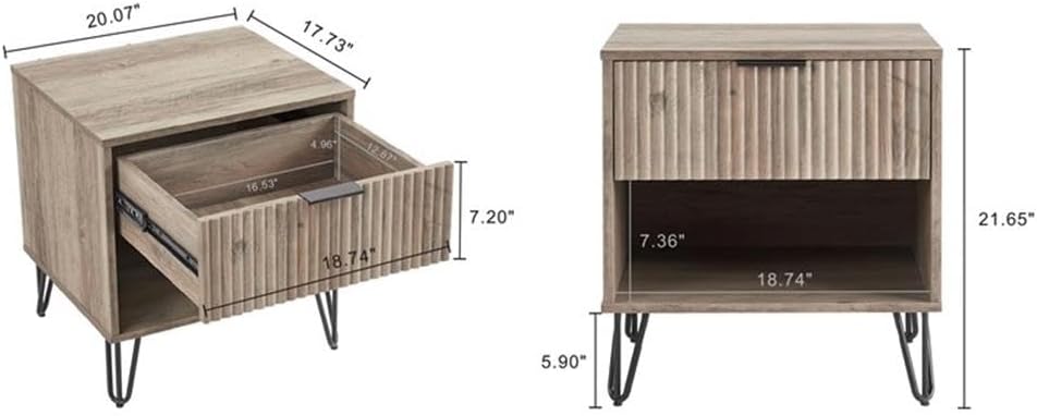 Pemberly Row 2-Piece Bedroom Set, Standard 3-Drawer Dresser and 1.0 Nightstand, Light Gray Finish, MDF Material, Full Extension Drawers, Ribbed Texture, Metal Handles, Splayed Legs, Storage for