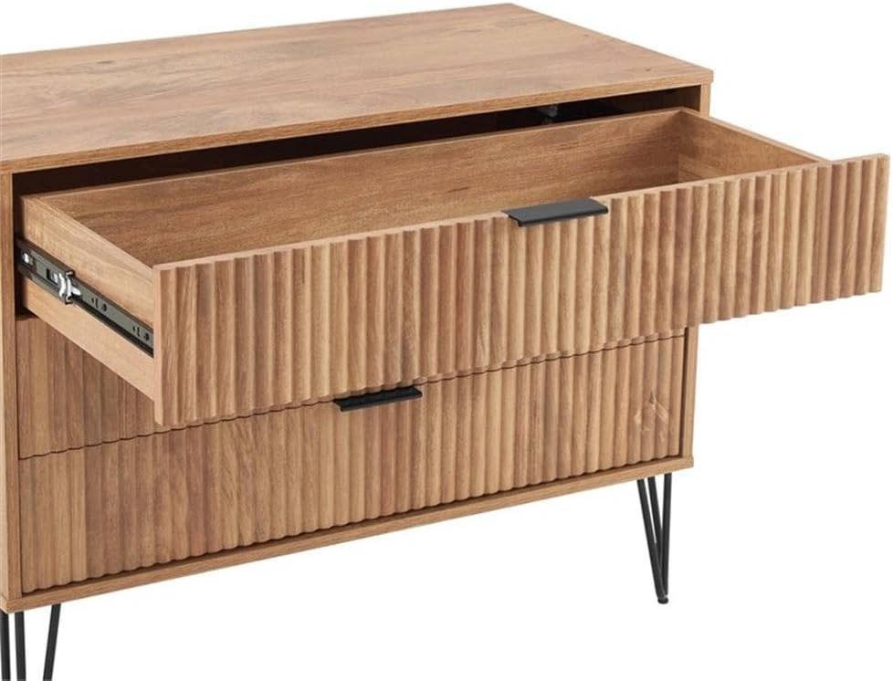 Pemberly Row 2-Piece Bedroom Set, 3-Drawer Dresser & 1-Drawer Nightstand, Golden Brown MDF, Ribbed Drawer Front, Black Metal Handles & Legs, Soft Close, Modern Storage for Bedroom Use