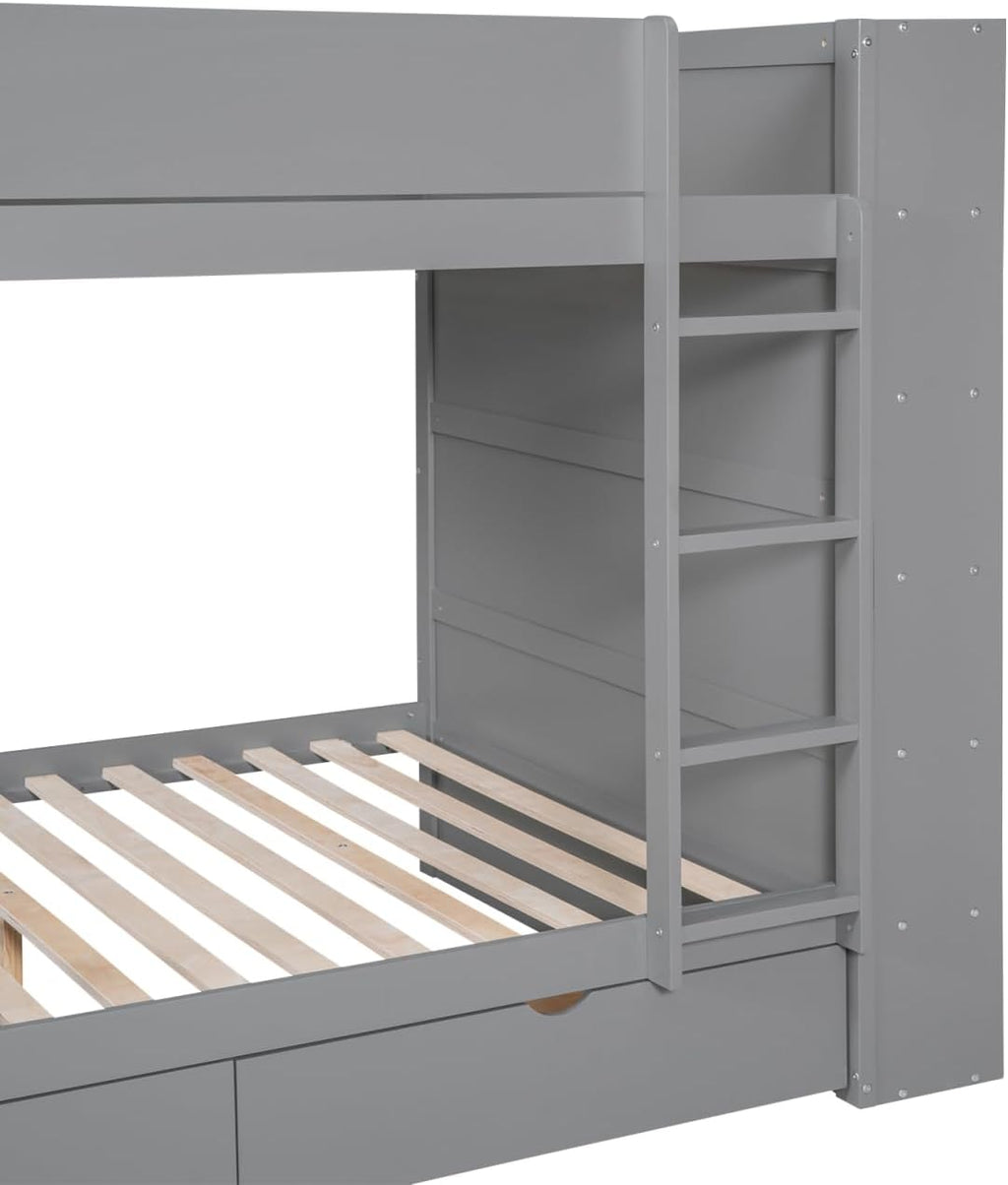 Full Over Full Bunk Bed with Bookcase and Drawers,Wooden All-in-one Furniture Set with Multi-Layer Cabinet for Kids Girls Boys-Gray