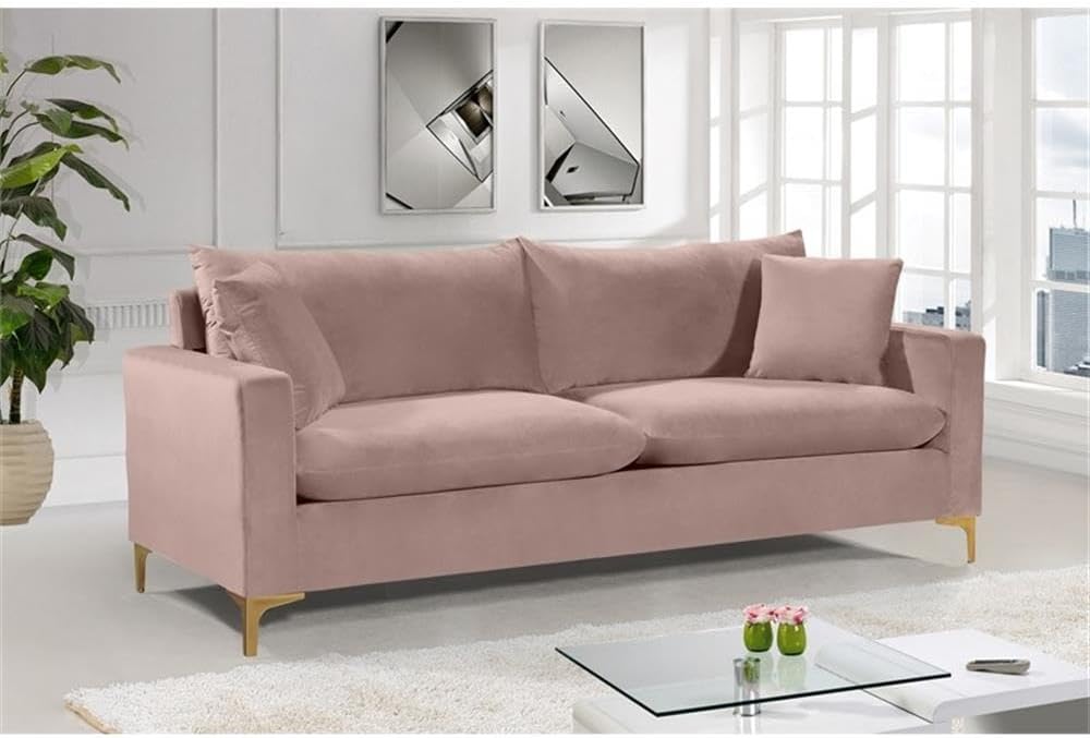 Meridian Furniture Naomi Collection Modern | Contemporary Pink Velvet Upholstered Sofa with Stainless Steel Base in a Rich Gold Finish