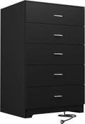 GEPELCN Dresser for Bedroom with Power Outlets Wood 5 Drawer Dresser with Large Storage Space Black Chest of Drawers with Smooth Metal Rail Tall Storage Organizer for Bedroom Living Room Closet