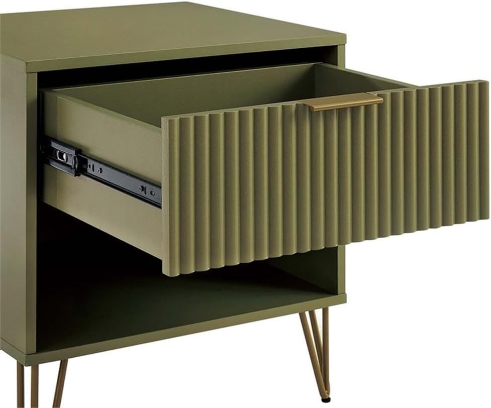 Pemberly Row 2-Piece MDF Bedroom Dresser Set, Olive Green Finish, Includes 3-Drawer Dresser and 1.0 Nightstand, Ribbed Drawer Fronts, Gold Metal Handles and Legs, Modern Glam Storage for Bedroom