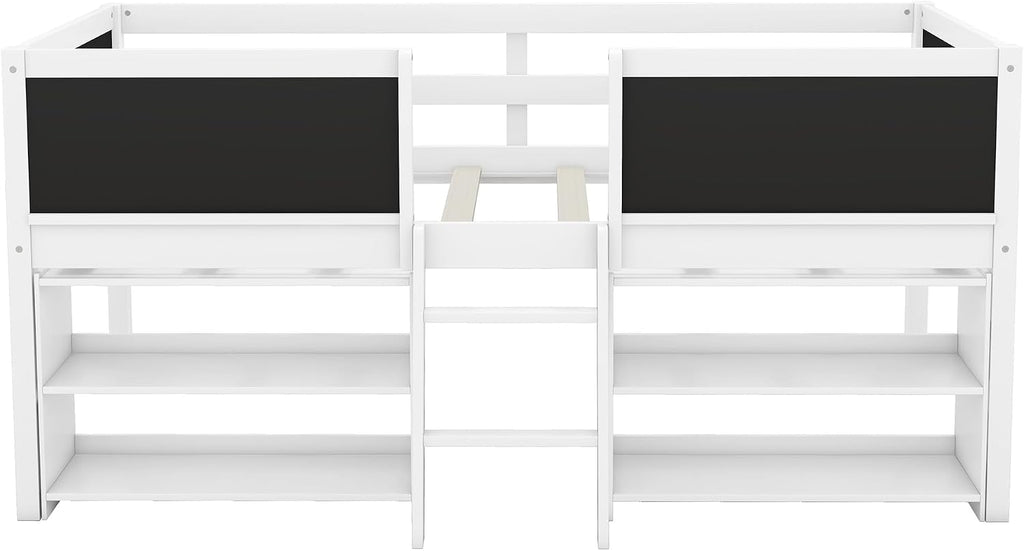 JIVOIT Twin Size Low Loft Bed with Decorative Guardrail Chalkboard, Wooden Loft Bed Frame with Two Movable Shelves and Ladder, Space Saving Design for Kids Teens Bedroom (White & 4 Chalkboard)