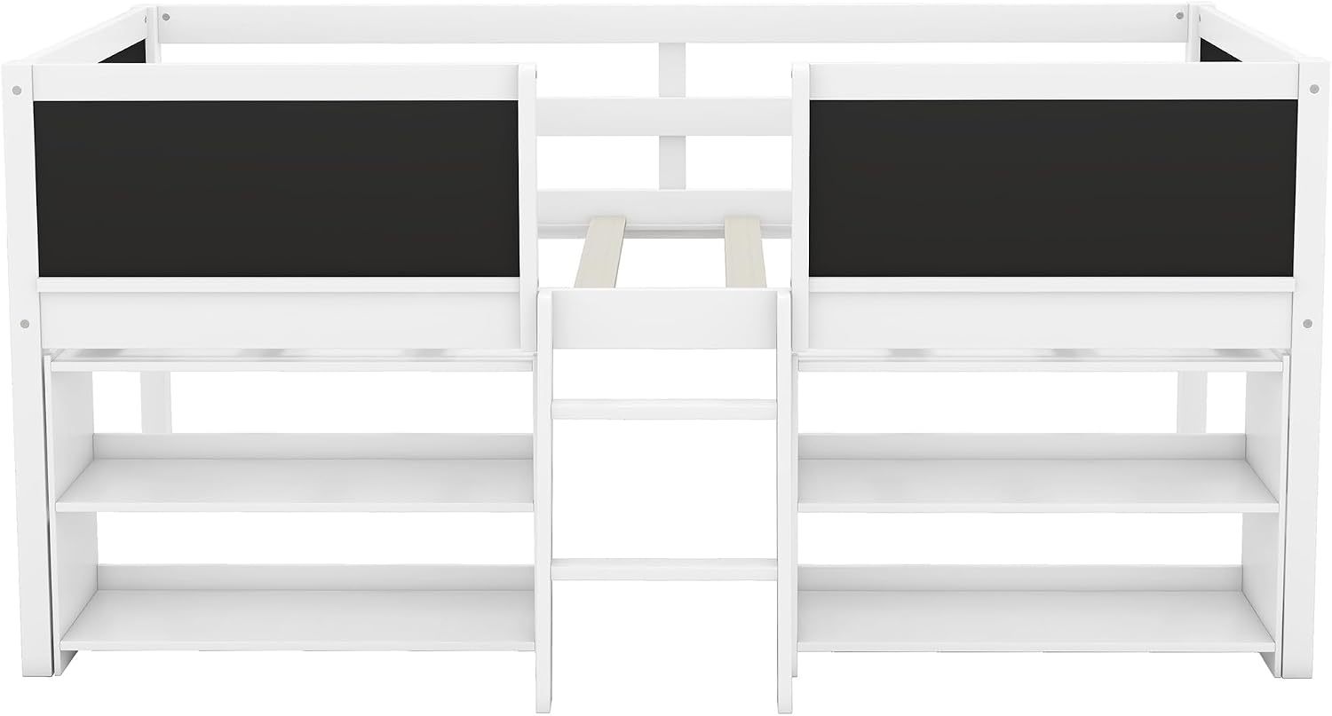 JIVOIT Twin Size Low Loft Bed with Decorative Guardrail Chalkboard, Wooden Loft Bed Frame with Two Movable Shelves and Ladder, Space Saving Design for Kids Teens Bedroom (White & 4 Chalkboard)