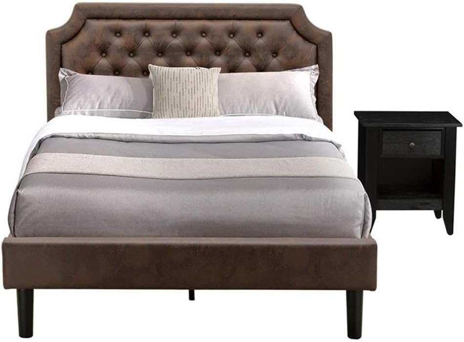 East West Furniture GB25F-1GA06 2-Piece Platform Bed Set with Button Tufted Full Bed and a Wire Brushed Black Night Stands - Dark Brown faux Leather with Black Texture and Black Legs
