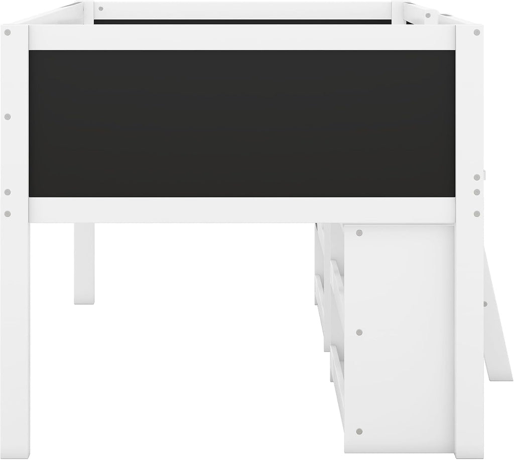 JIVOIT Twin Size Low Loft Bed with Decorative Guardrail Chalkboard, Wooden Loft Bed Frame with Two Movable Shelves and Ladder, Space Saving Design for Kids Teens Bedroom (White & 4 Chalkboard)