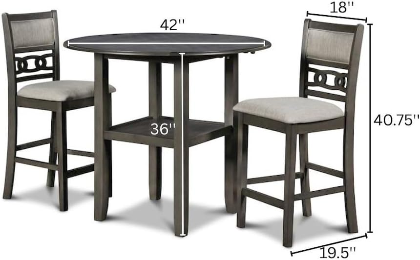 Furnifact Grey 3 Piece Drop Leaf Table and Chairs, Solid Wood Round Dining Table with Chairs, Space-Saving Design with Storage Shelf for Small Kitchens