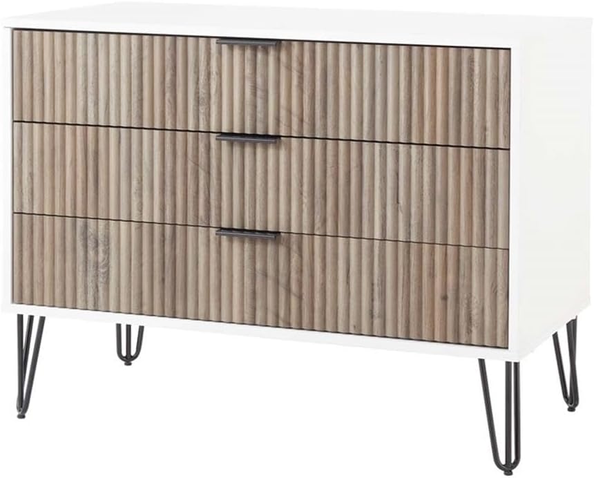 Pemberly Row 2-Piece Bedroom Storage Set, 3-Drawer Dresser 35.19' L & Nightstand 20.07' L, MDF Engineered Wood, Multi-Color Finish, Vertical Ribbed Texture, Black Metal Legs, Modern Glam Style