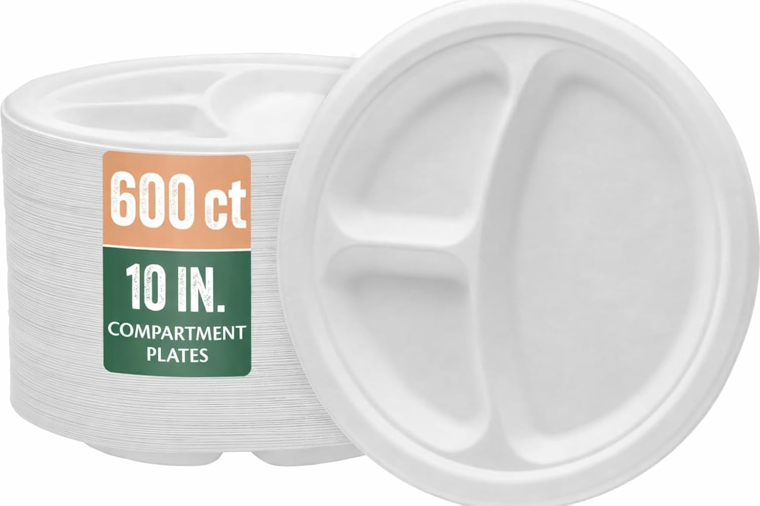 Nicole Home Collection 600 Count Compostable Heavy Duty 10' Disposable Compartment Paper Plates 100% Bagasse Biodegradable Eco-Friendly Natural Sugarcane