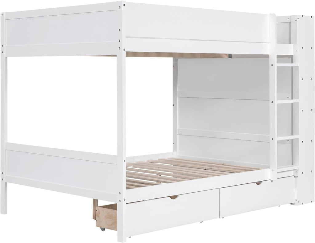Full Over Full Bunk Bed with Bookcase, Wood Bunk Bed Frame with 2 Drawers and Multi-Layer Cabinet Storage Shelves, Bed with High Guardrails for Kids Teens (White, Full)