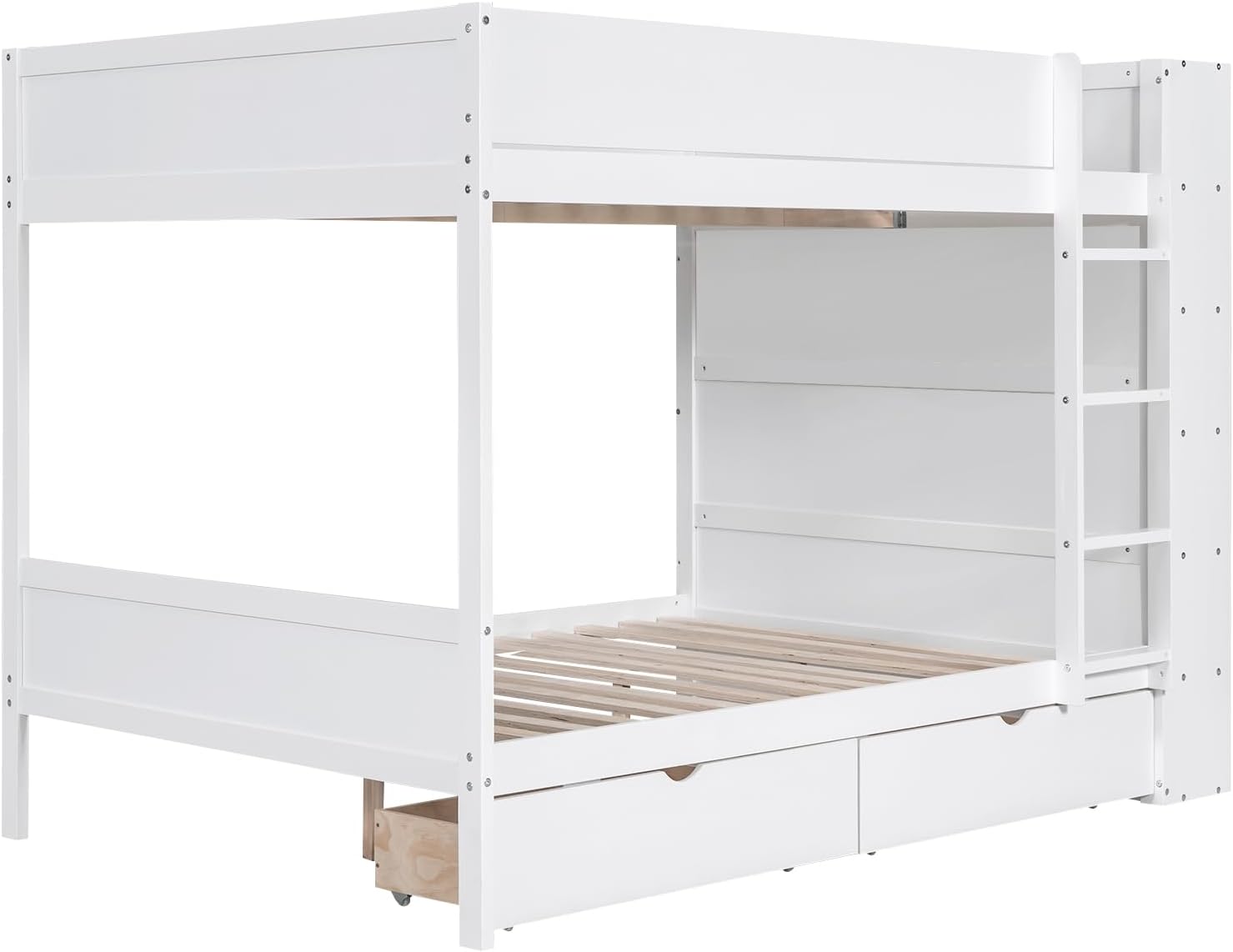 Full Over Full Bunk Bed with Bookcase, Wood Bunk Bed Frame with 2 Drawers and Multi-Layer Cabinet Storage Shelves, Bed with High Guardrails for Kids Teens (White, Full)