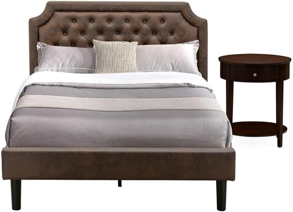 East West Furniture GB25F-1HI0M 2-Piece Platform Bedroom Set with Button Tufted Full Size Bed Frame and an Antique Mahogany End Table - Dark Brown Faux Leather with Black Texture and Black Legs