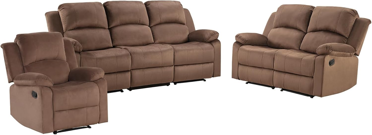 EBELLO Manual Recliner Sofa Set, Microfiber Reclining Couch Furniture Set for Living Room, Includes 1 Recliner Chair, 1 Loveseat Sofa and 1 3-Seater Reclining Couch, Brown