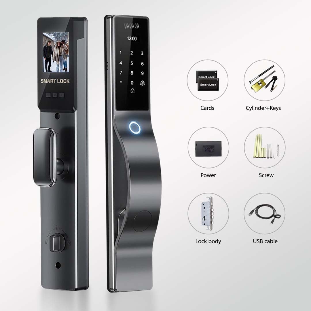 Smart Door Lock with Camera: 3D Face Recognition, Keyless Door Lock with Biometric Fingerprint, Passcode, IC Card, Mechanical Key, Doorbell, Video Intercom, WiShome App, Auto-Lock, Front Door Lock
