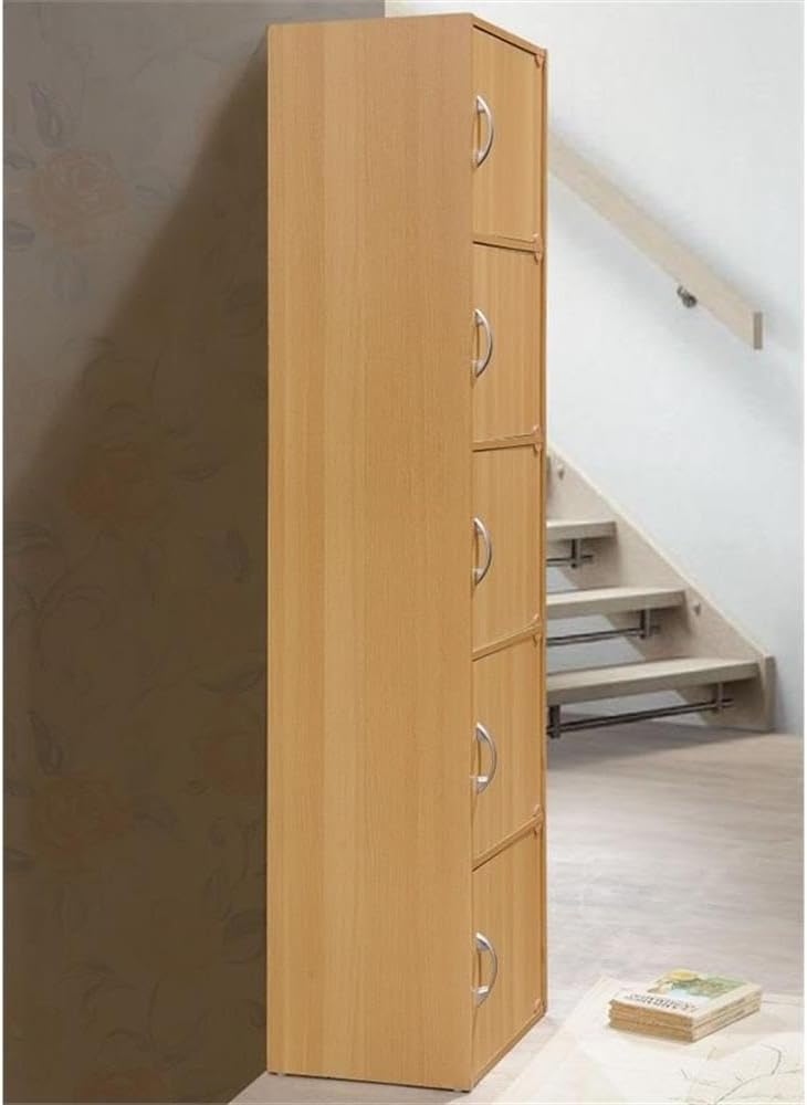 Pemberly Row 5 Shelf 5 Door Bookcase, 59 in H x 15.9 in W x 11.75 in D, Beech Finish, Slim Design Multi-Purpose Storage for Office, Bedroom, Kids Room, Kitchen or Laundry Room Organization