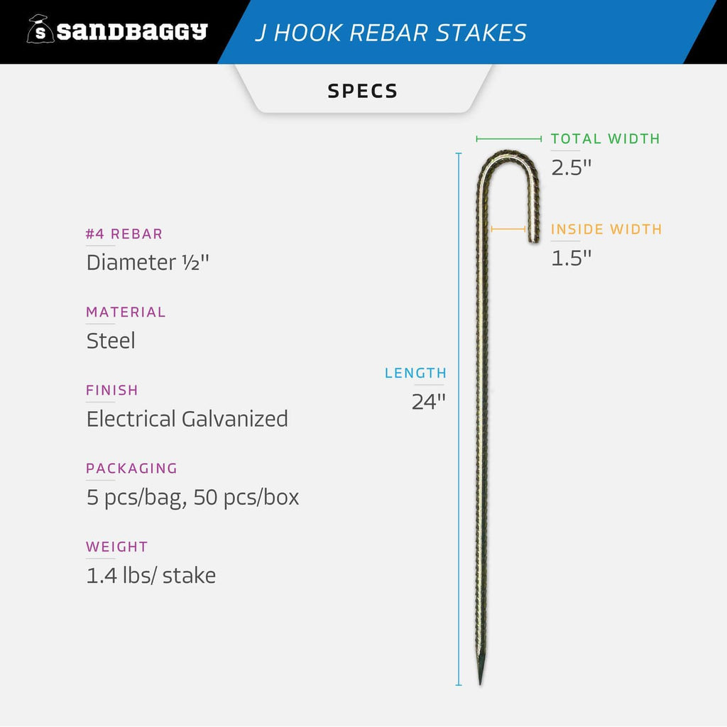 Sandbaggy 24' J Hook Rebar Stakes - 1/2' Diameter (#4 Rebar) - Ground Anchors for Tents, Gardens, Fences, Holiday & Christmas Decorations - Galvanized Steel (J-Shape - 24', 30, Count)