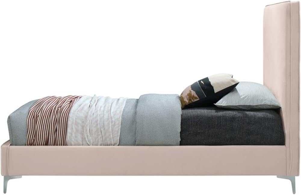 Meridian Furniture Geri Collection Modern | Contemporary Velvet Upholstered Bed with Piping on Headboard and Foorboard in Gold or Chrome Finish, Twin, Pink