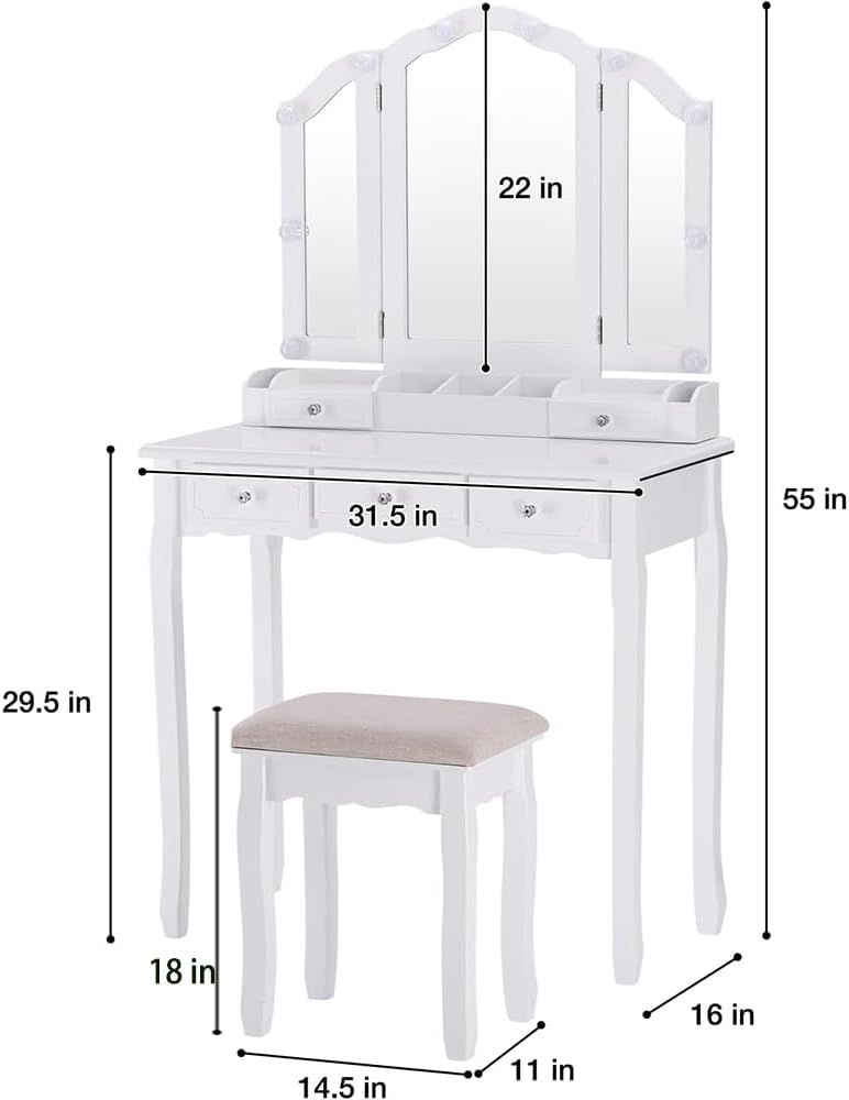 Vanity Desk with Mirror and Lights White Girls Vanity Set with Mirror and Cushioned Stool Makeup Vanity Table with Lighted Mirror & 5 Drawers(White)