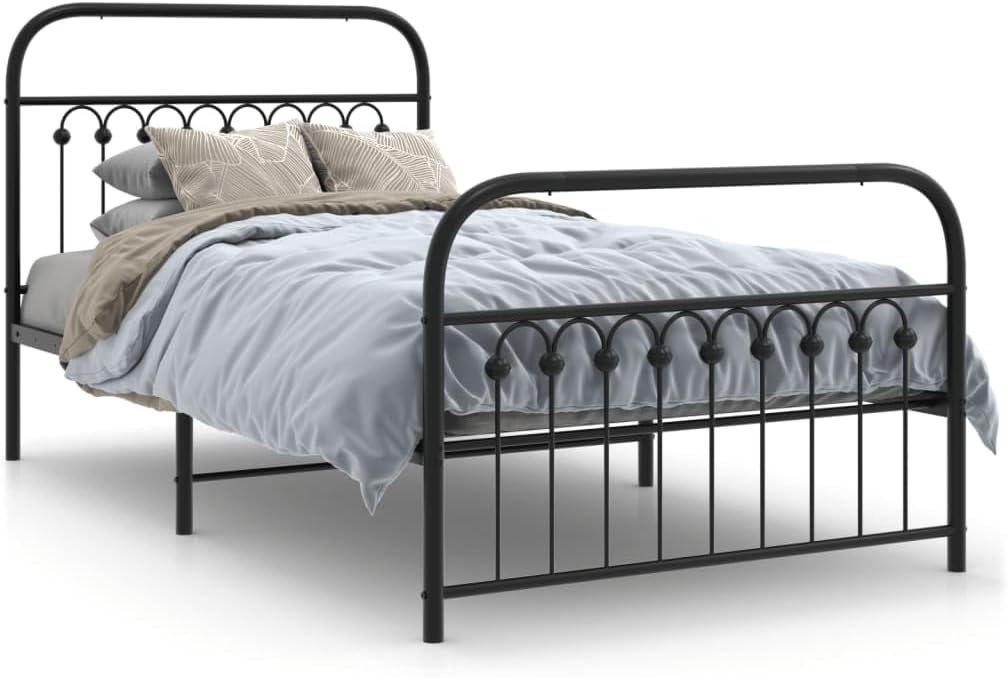 Black Steel Bed Frame 39.4x78.7 Inches with Headboard and Footboard, Sturdy Metal Platform for Ample Under-Bed Storage Space, Easy Assembly with Sleek Matte Finish, Durable