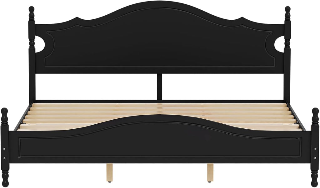 Merax Retro Wood Platform Bed with High Headboard, King Bed Frame with Sturdy Legs/No Box Spring Needed/Easy Assemble Black