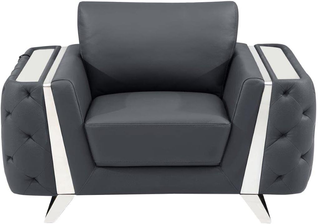 Blackjack Furniture Reggio Collection Full Grain Italian Leather Sofas for Living Room with Brazilian Wood Frame and Stainless Steel Legs, 3-Piece Set, Sofa, Loveseat, and Chair, Dark Gray
