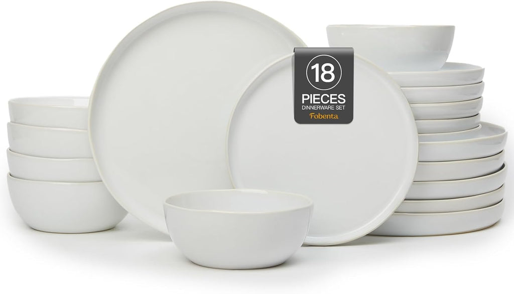 FOBENTA 18-Piece Fog White Ceramic Plates and Bowls Set,Minimalist Dinnerware Sets for 6 – Artful Dish Set for Serene Dining & Everyday Aesthetic