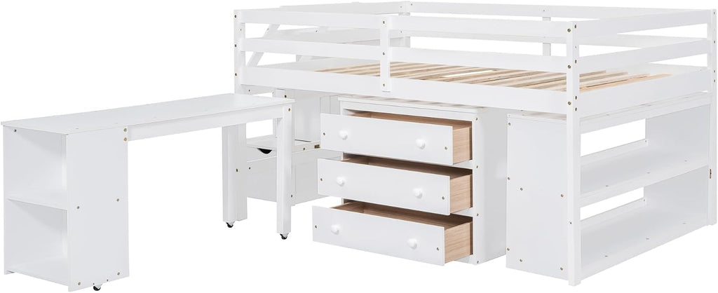 Full Size Loft Bed with Retractable Writing Desk, Wooden Loft Bed with 3 Drawers and Shelves, Storage Stairs, Versatility Low Loft Bed Storage Bed for Kids Boys Girls Bedroom (White,Storage Stairs)
