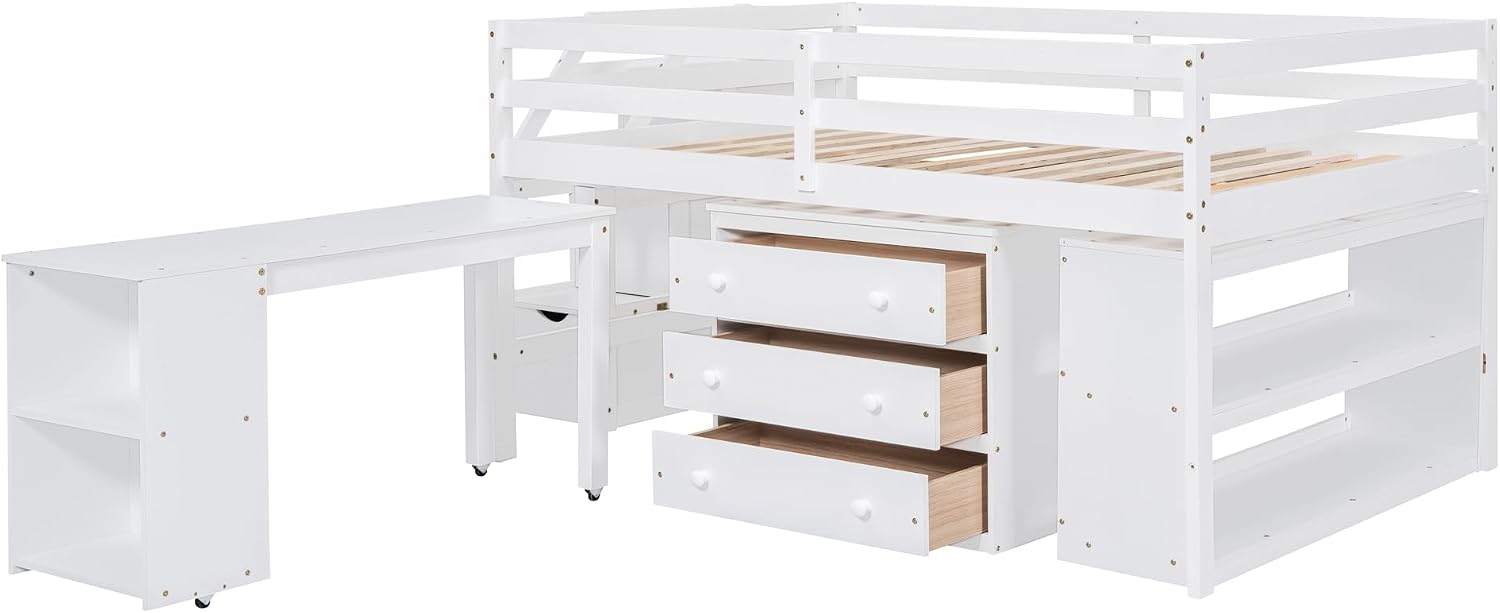 Full Size Loft Bed with Retractable Writing Desk, Wooden Loft Bed with 3 Drawers and Shelves, Storage Stairs, Versatility Low Loft Bed Storage Bed for Kids Boys Girls Bedroom (White,Storage Stairs)