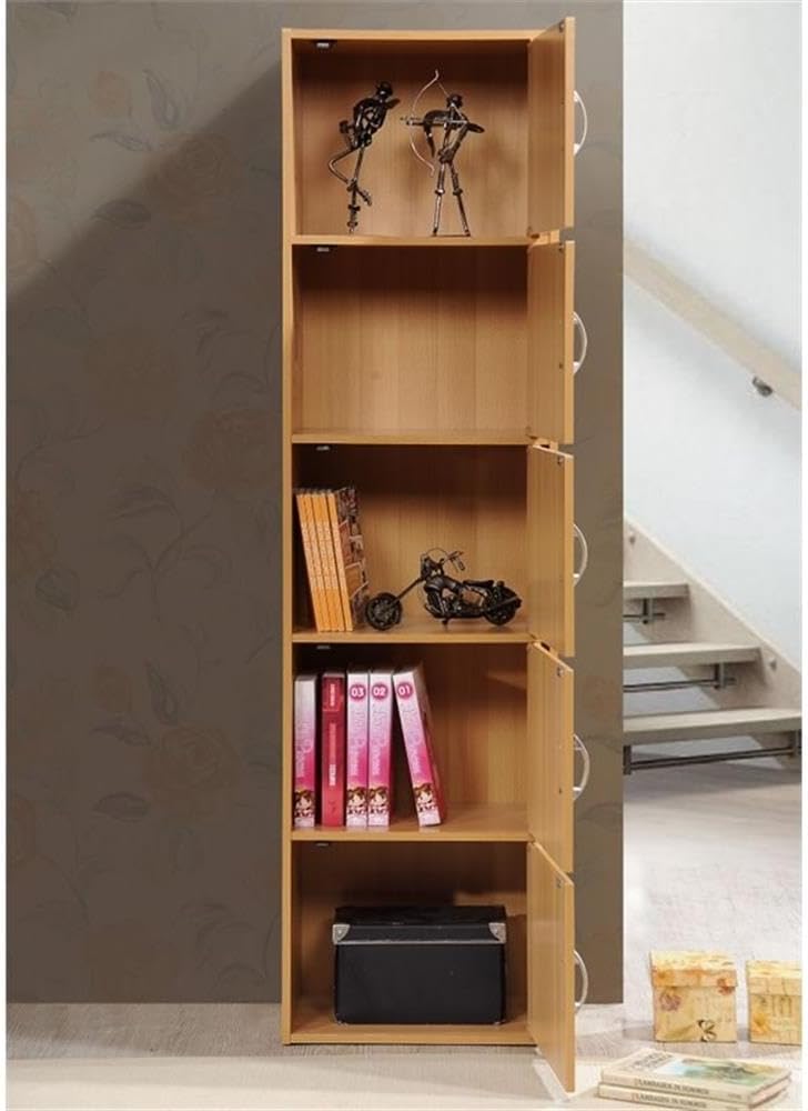 Pemberly Row 5 Shelf 5 Door Bookcase, 59 in H x 15.9 in W x 11.75 in D, Beech Finish, Slim Design Multi-Purpose Storage for Office, Bedroom, Kids Room, Kitchen or Laundry Room Organization
