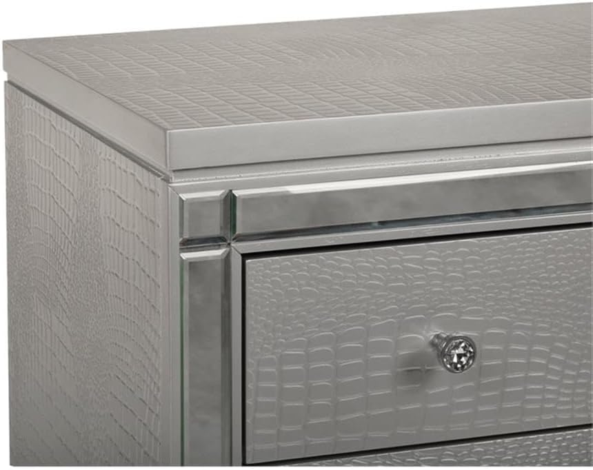 Pemberly Row Modern Solid Wood 3-Drawer Nightstand, Silver Finish, 31.33' W x 18.15' D x 29.33' H, Elegant Embossed Inlay, Durable MDF Drawers with Dovetail, Bedroom Storage Furniture