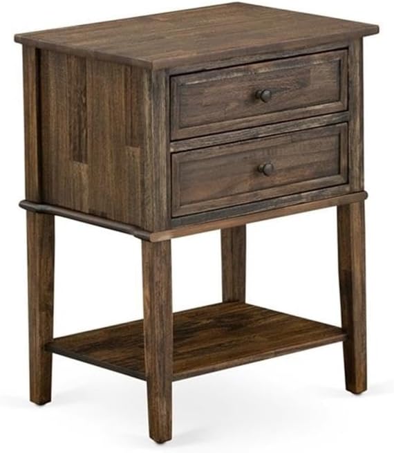 East West Furniture GB28Q-2VL07 3-Piece Granbury Bed Set with Button Tufted Queen Bed Frame and 2 Distressed Jacobean Night Stands - Brown Faux Leather with Brown Texture and Black Legs